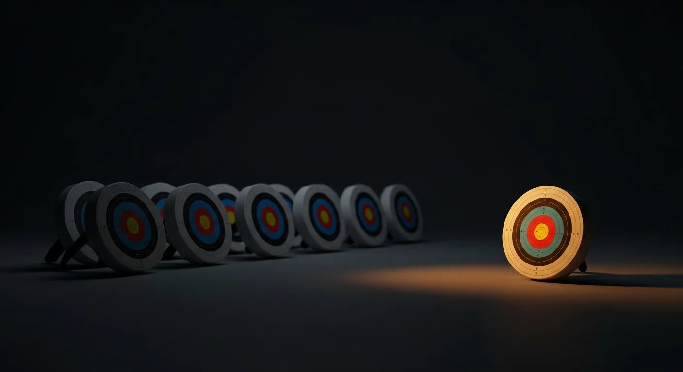 A single archery target lit in warm amber while a dozen identical targets fade into shadow around it.