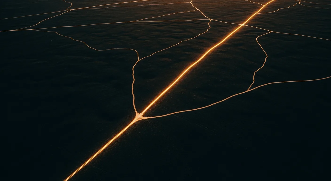 Many faint forking trails across a dark landscape, with one lit in warm light leading to the horizon.