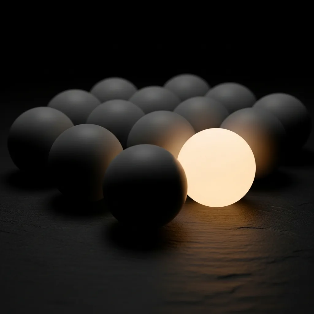 A cluster of identical matte spheres in shadow, one lit and clearly in focus.